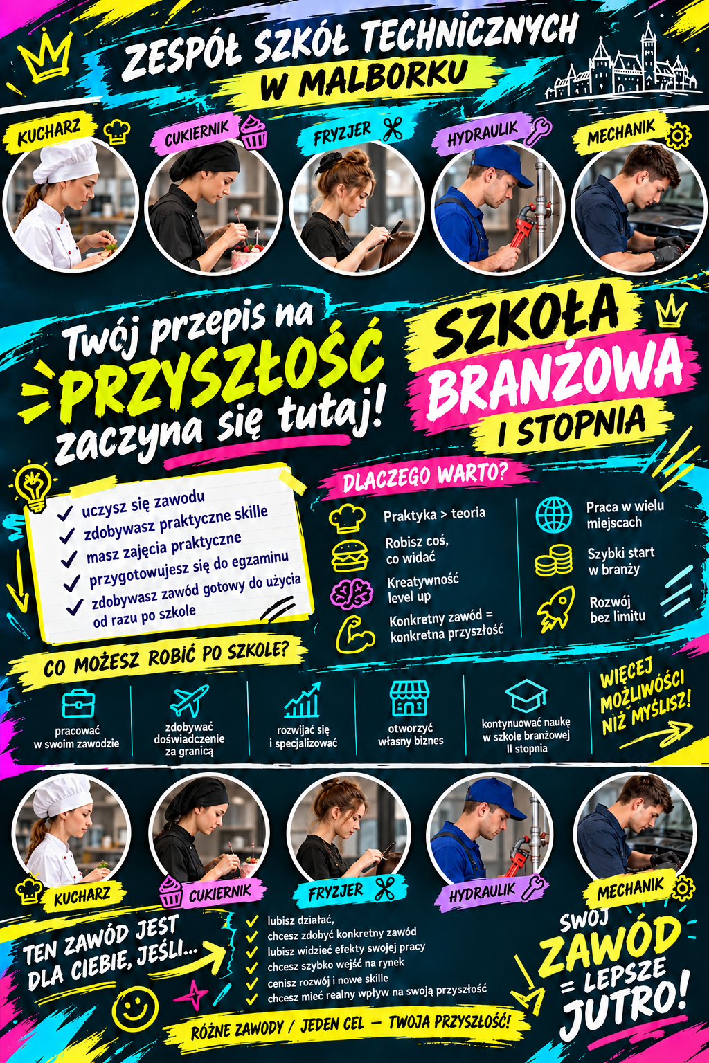 Plakat przedstawia możliwości edukacyjne w Branżowej Szkole I stopnia w Zespole Szkół Technicznych w Malborku 